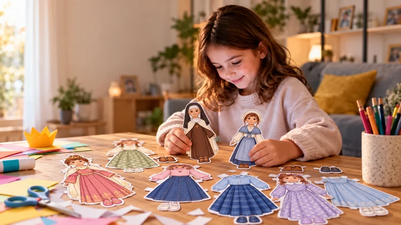 Menina à mesa com bonecas de papel de santas católicas e roupas modestas