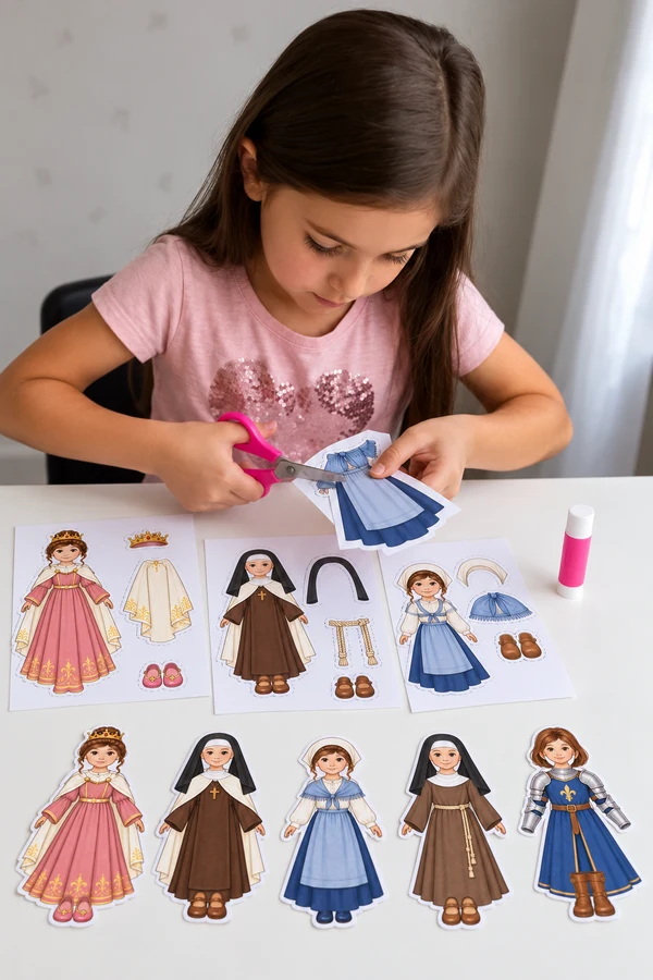 Menina montando a coleção de santas católicas em uma mesa