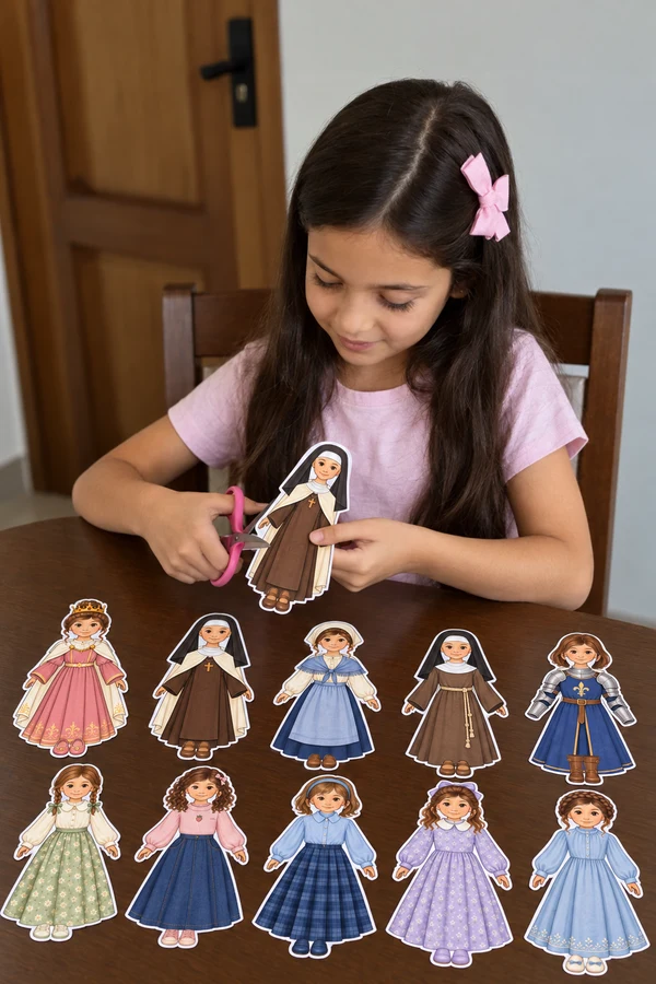 Menina recortando uma boneca de papel inspirada em Santa Teresinha