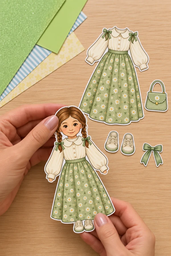 Boneca com blusa de mangas longas e saia floral, acompanhada de peças de papel