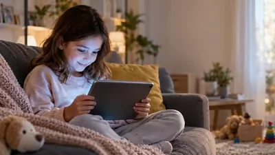 Menina olhando um tablet em um ambiente escuro
