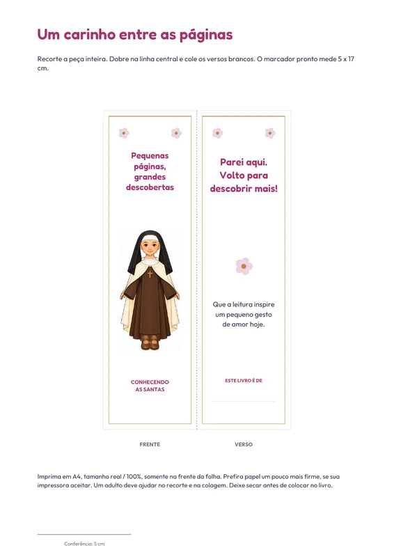Marcador dobrável de Santa Teresinha com frente e verso para imprimir